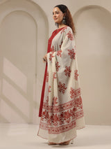 Maroon threadwork floral printed contrast dupatta silk kurti set