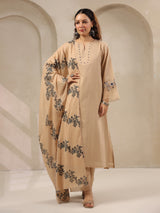 Beige threadwork floral printed dupatta silk kurti set for women