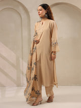 Beige threadwork floral printed dupatta silk kurti set for women