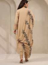 Beige threadwork floral printed dupatta silk kurti set for women