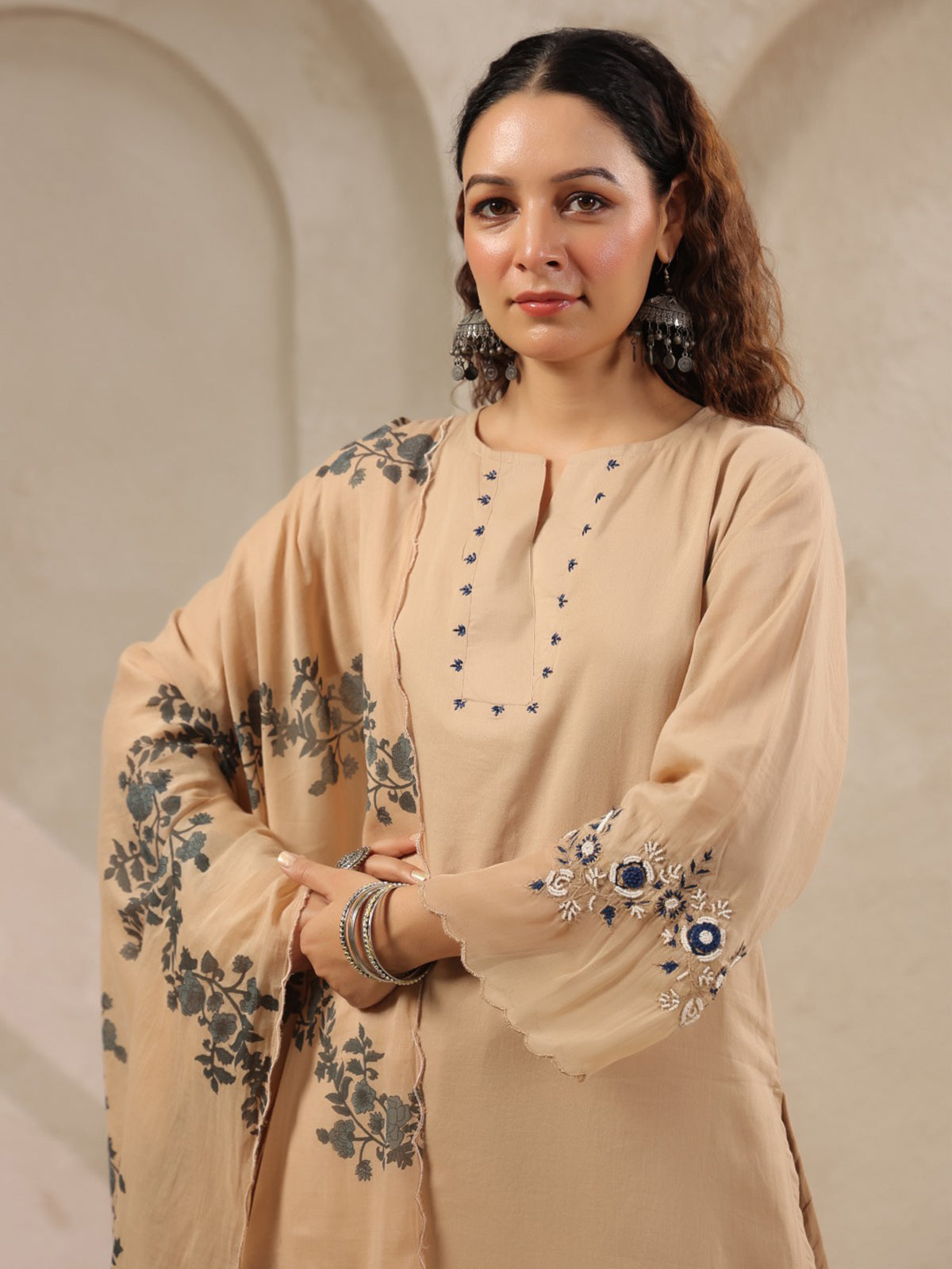 Beige threadwork floral printed dupatta silk kurti set for women