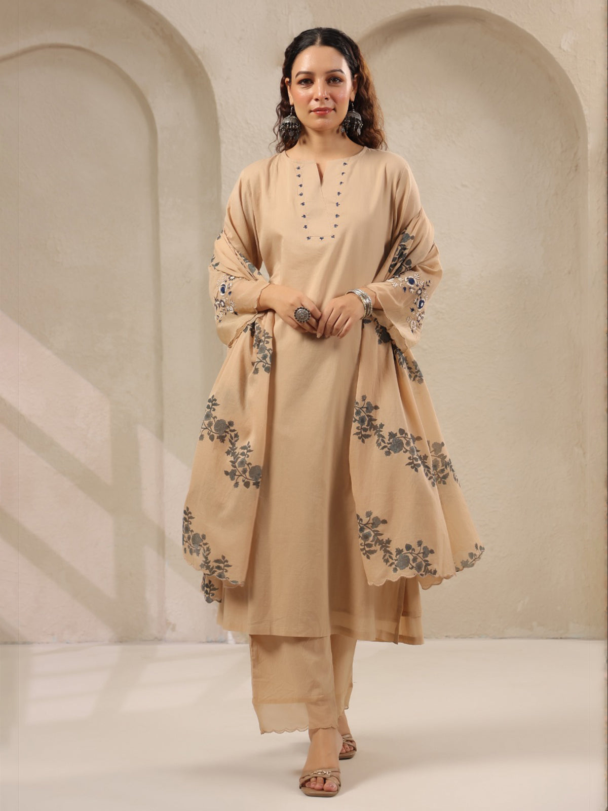 Beige threadwork floral printed dupatta silk kurti set for women