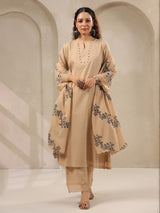 Beige threadwork floral printed dupatta silk kurti set for women