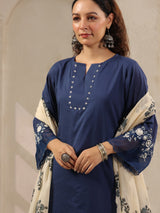 Navy threadwork floral printed contrast dupatta silk kurti set