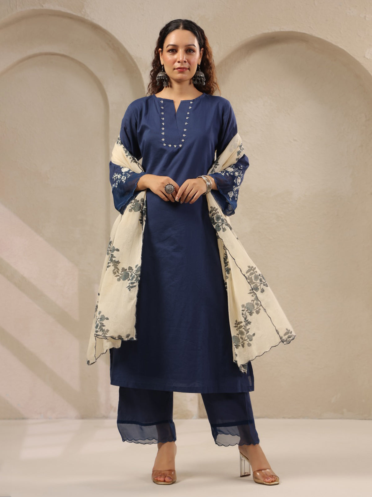 Navy threadwork floral printed contrast dupatta silk kurti set