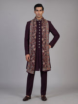 Wine embroidered groom sherwani for men