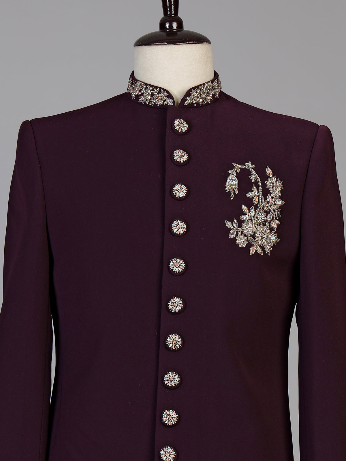 Wine embroidered groom sherwani for men