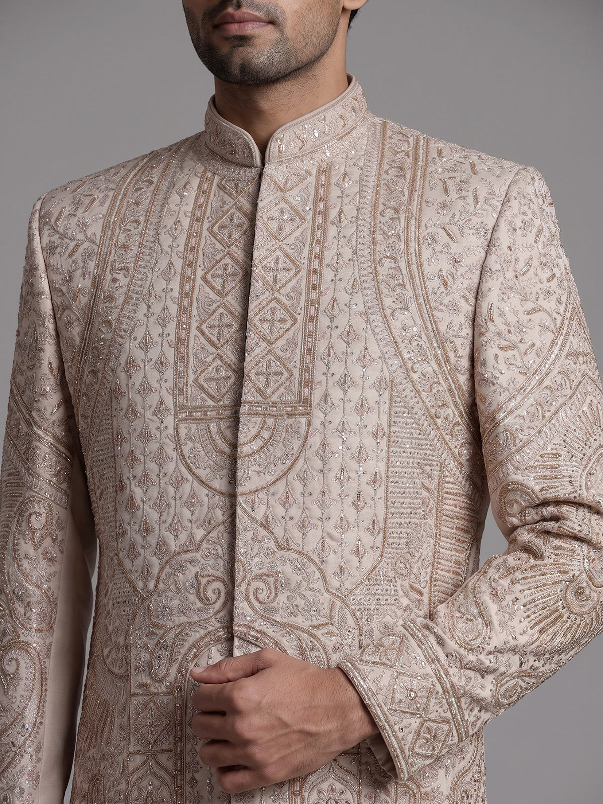 Pink embellished silk crepe sherwani for men
