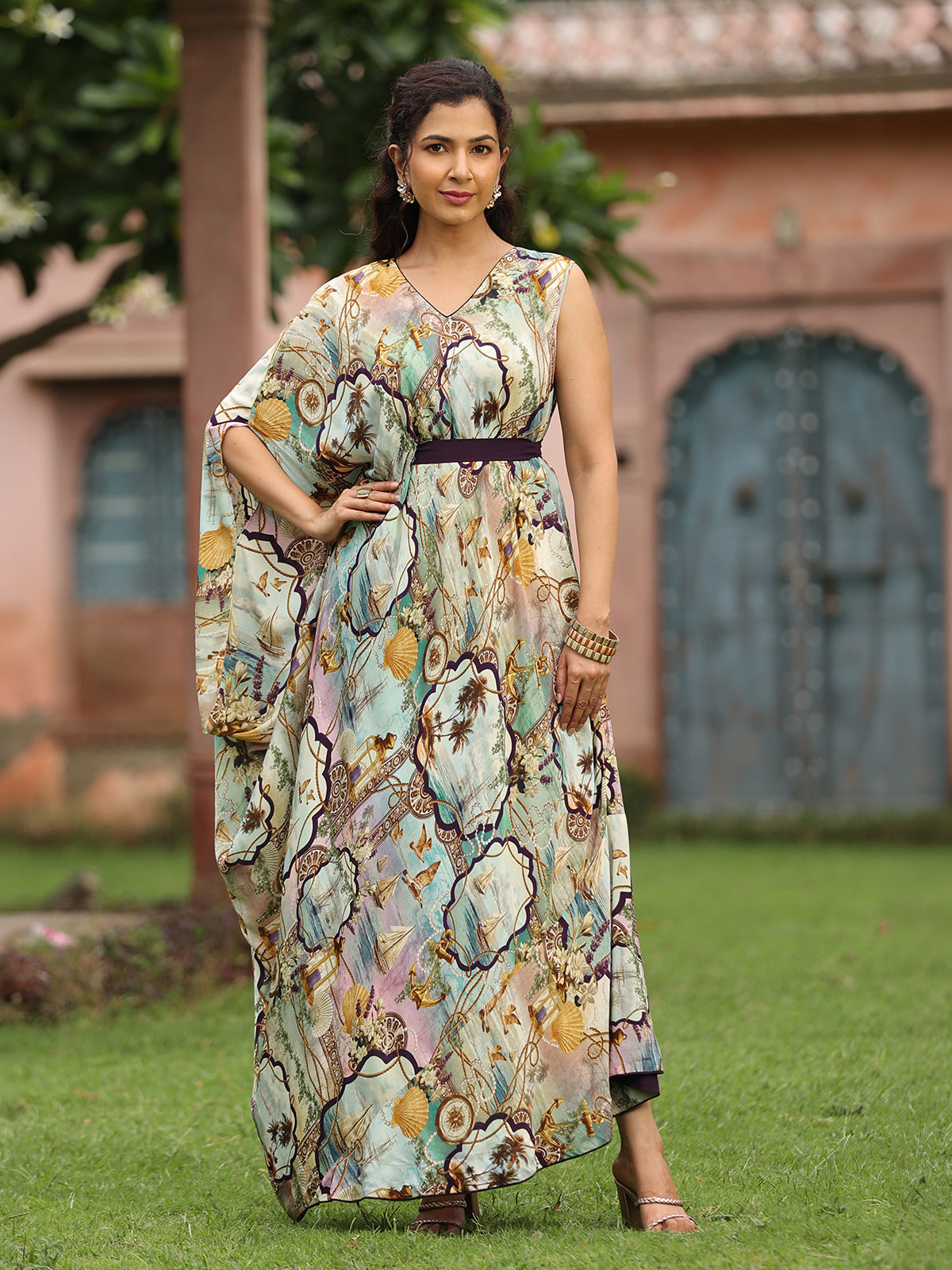 Pista green printed designer drape kurti with belt