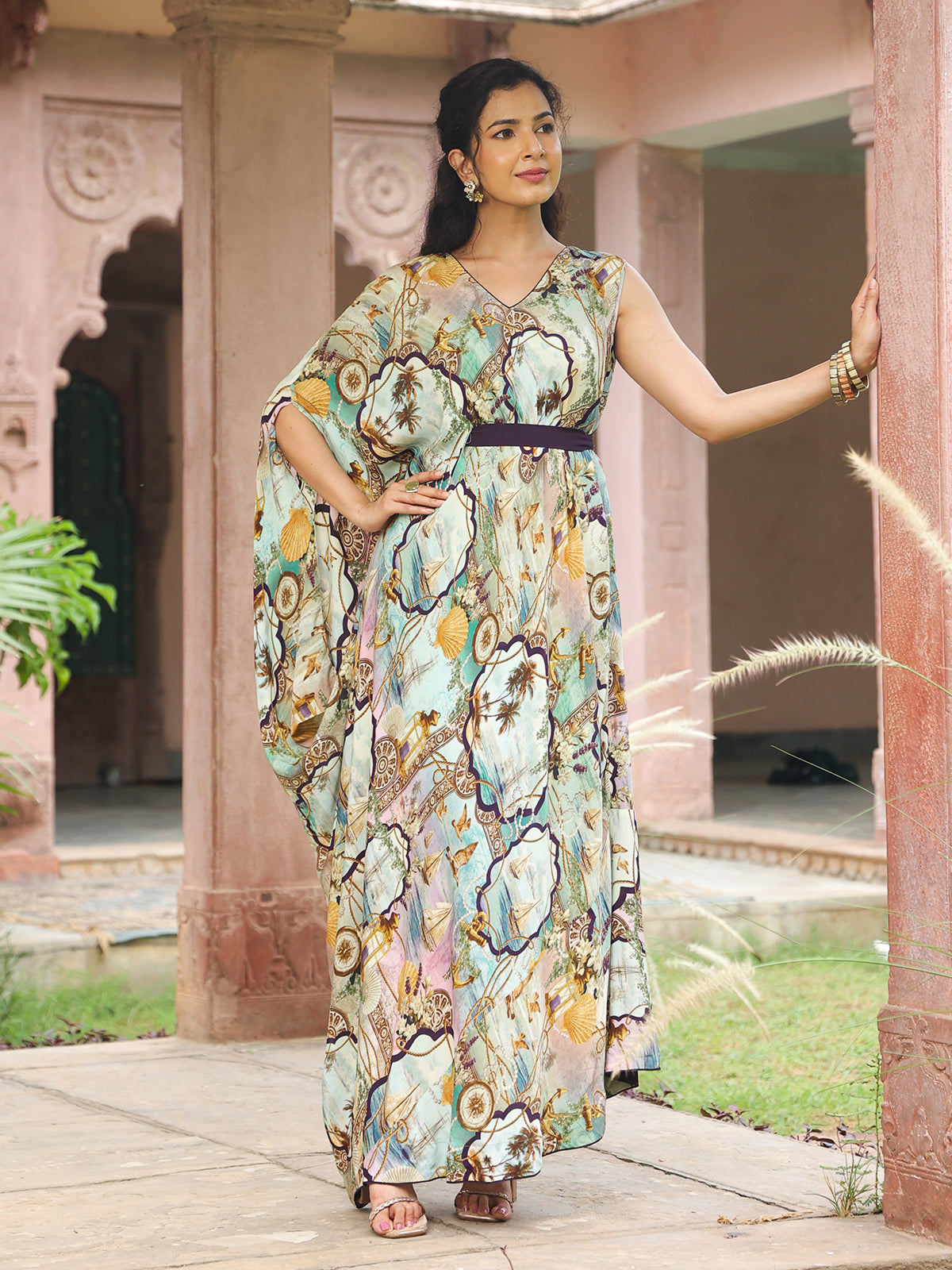 Pista green printed designer drape kurti with belt