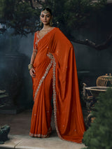 Orange women festive tissue organza saree