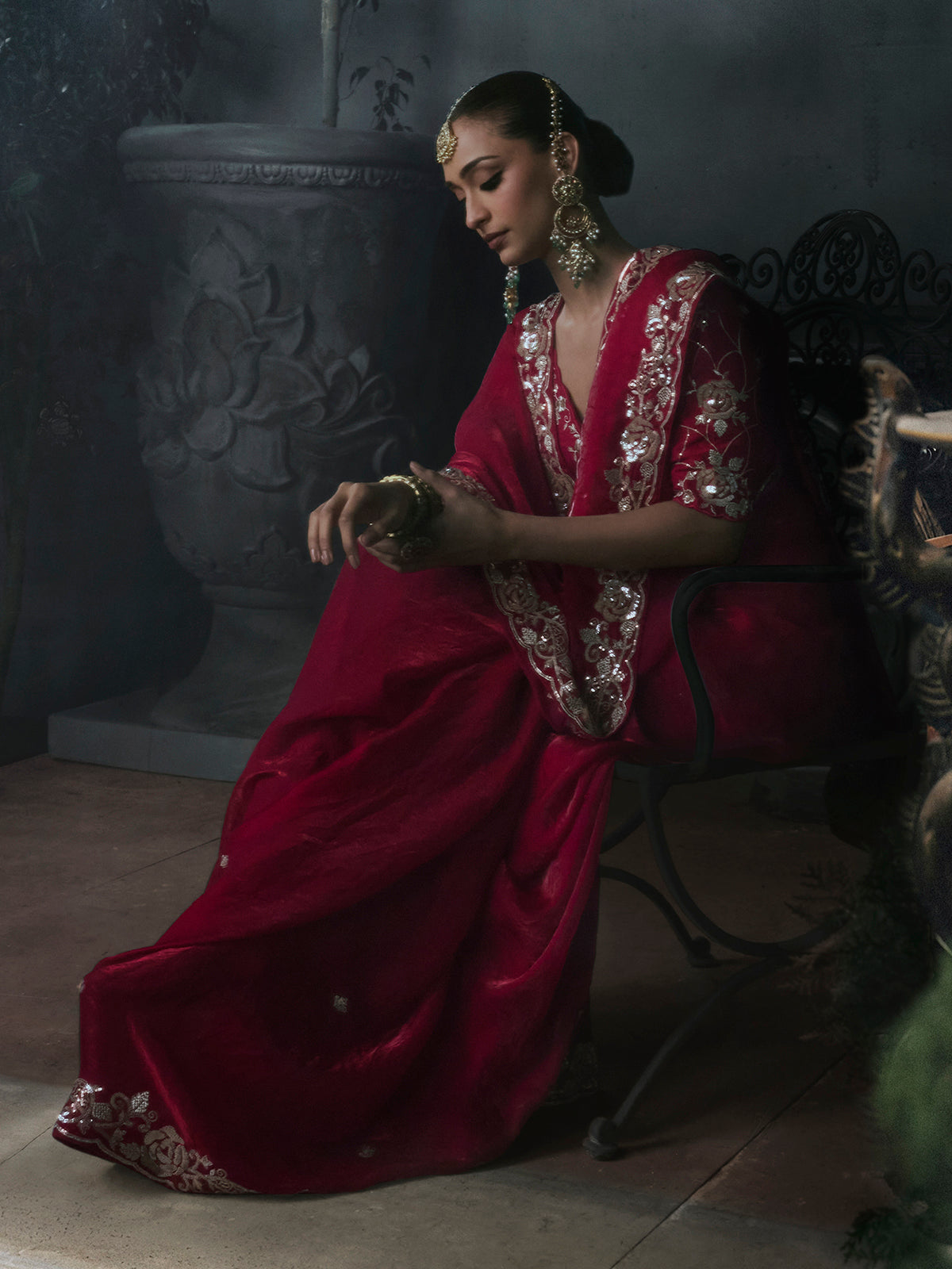 Wine women embellished tissue organza saree