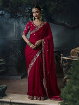 Wine women embellished tissue organza saree
