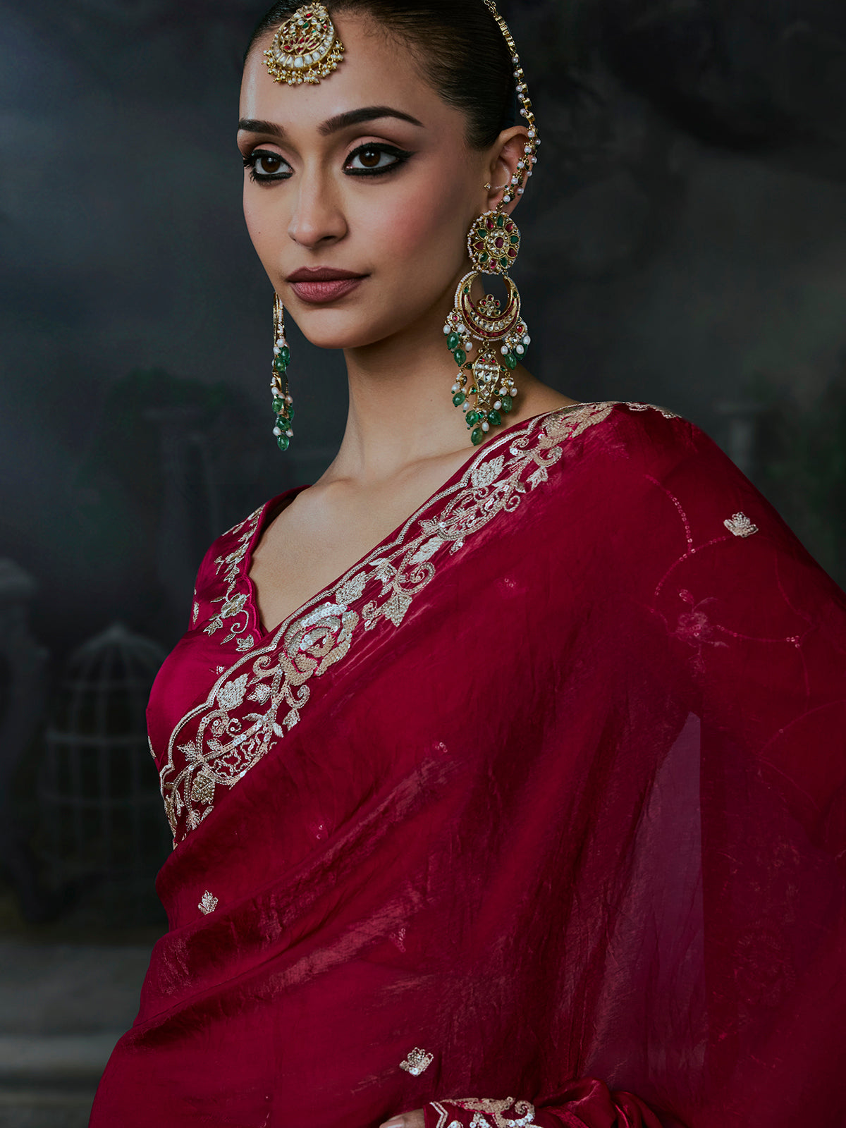 Wine women embellished tissue organza saree
