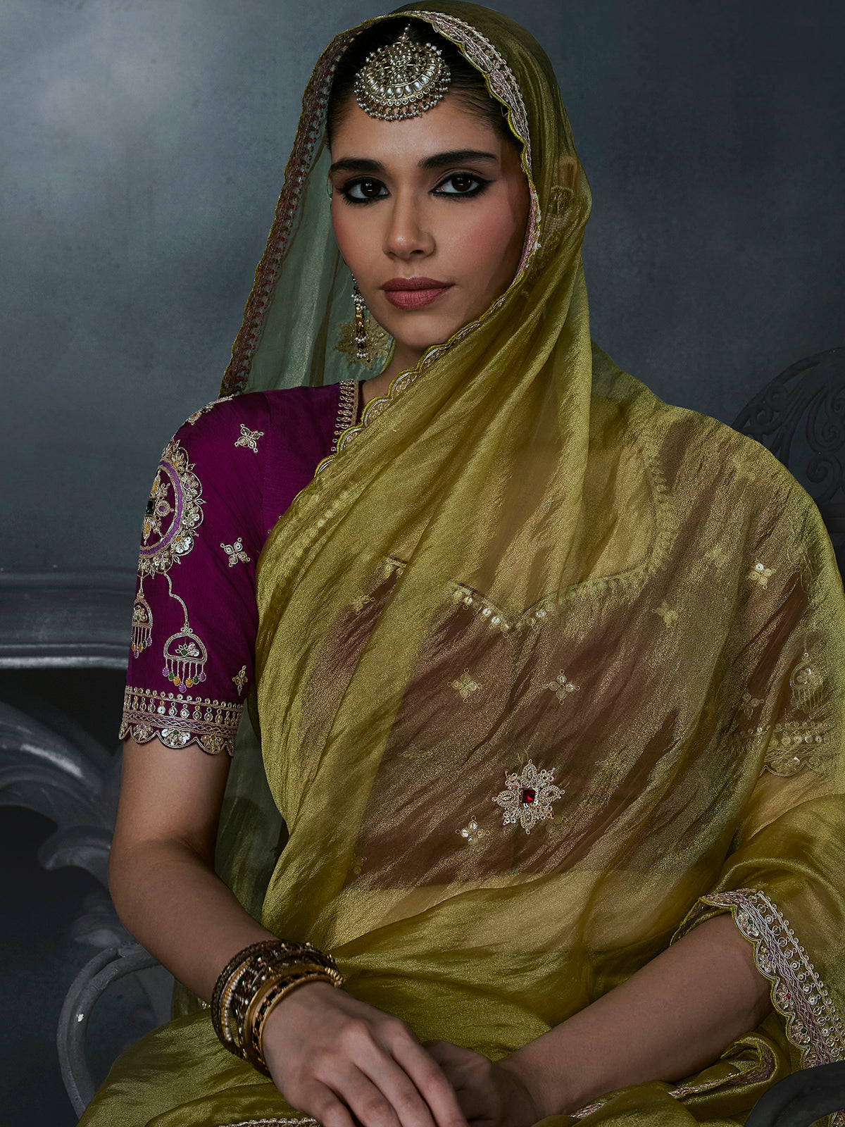 Green women zardosi tissue organza saree