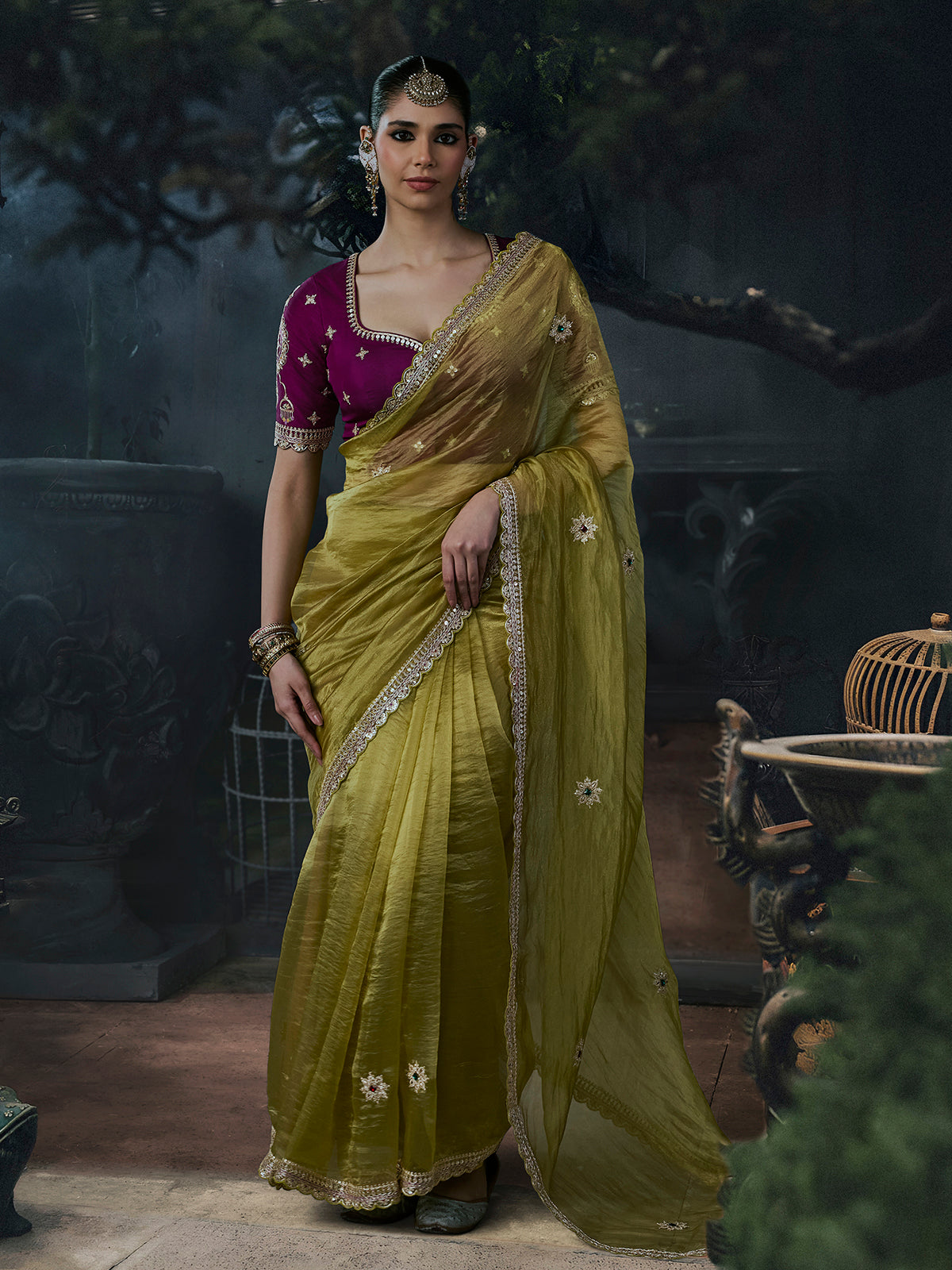 Green women zardosi tissue organza saree
