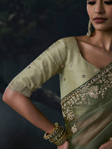 Olive women embellished tissue organza saree