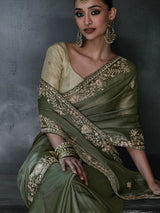 Olive women embellished tissue organza saree