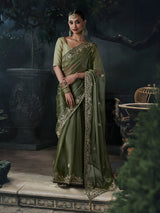Olive women embellished tissue organza saree