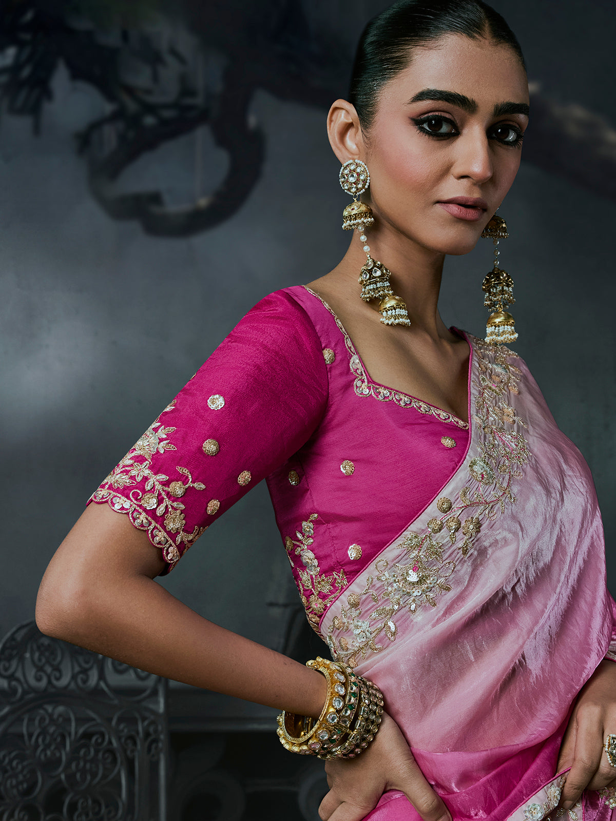 Pink women shaded tissue organza saree