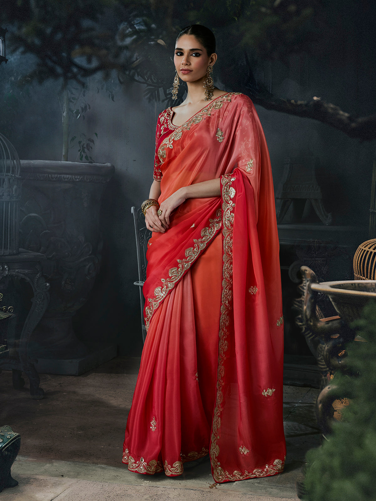 Red women shaded tissue organza saree