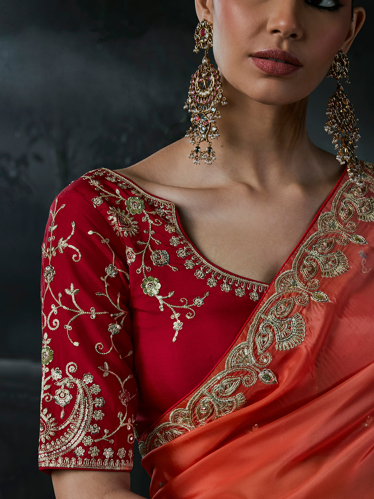Red women shaded tissue organza saree