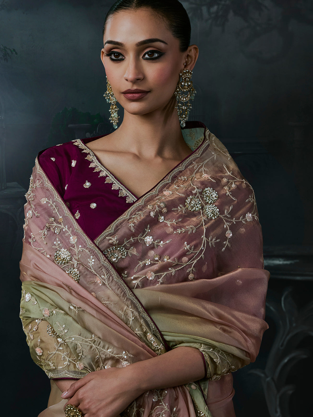 Pista green women shaded tissue organza saree