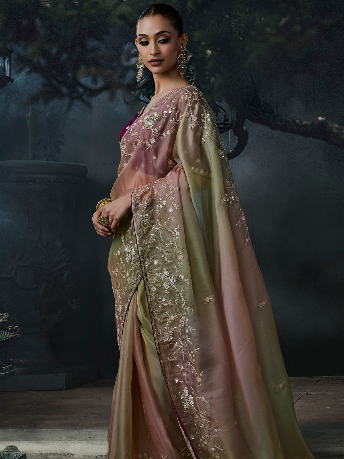 Pista green women shaded tissue organza saree