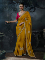 Yellow women haldi tissue organza saree