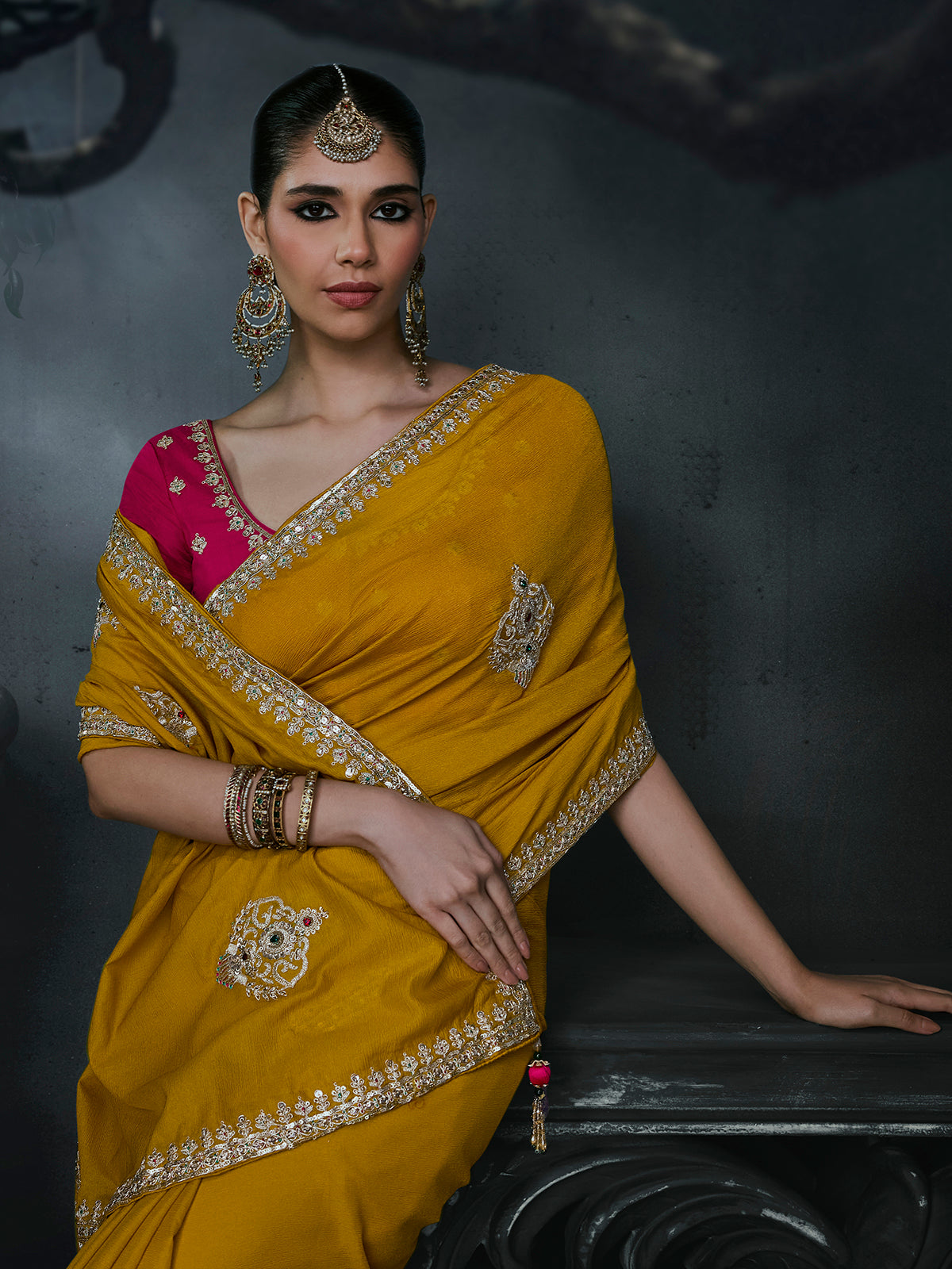 Yellow women haldi tissue organza saree