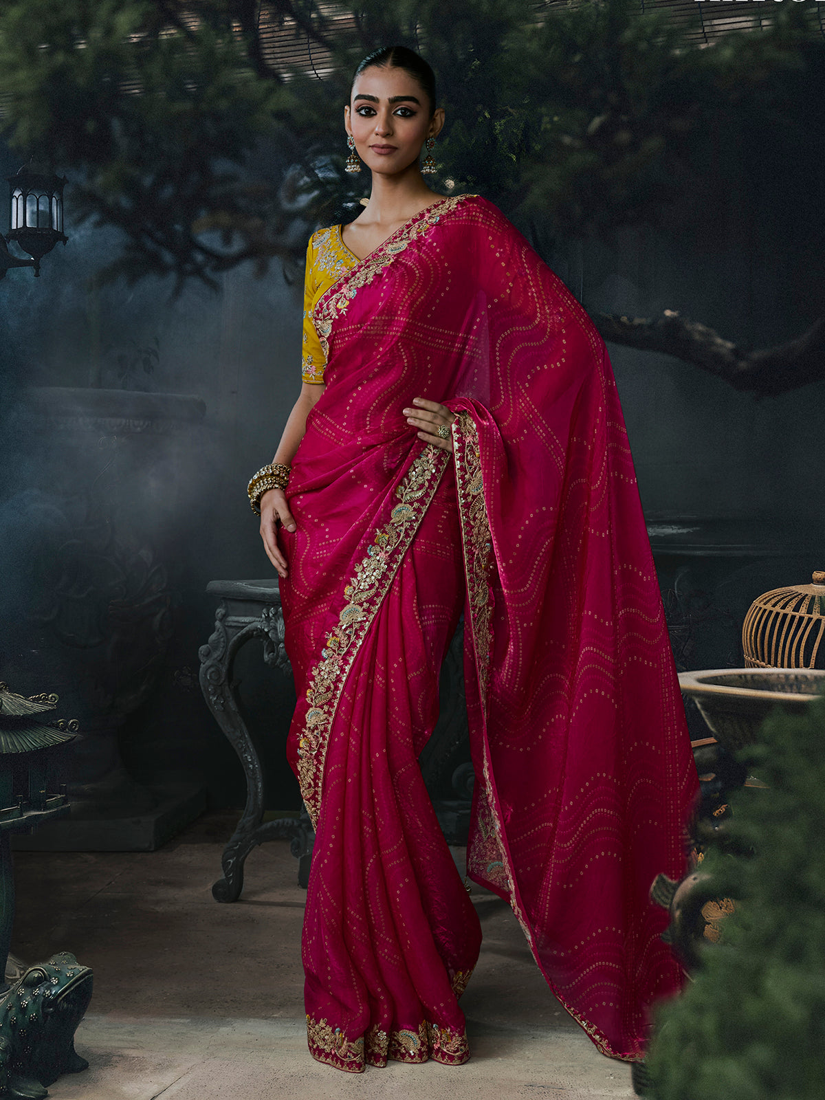 Pink women bandhani tissue organza saree
