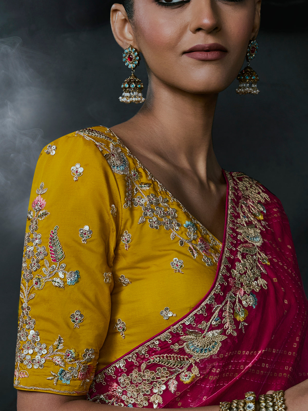 Pink women bandhani tissue organza saree