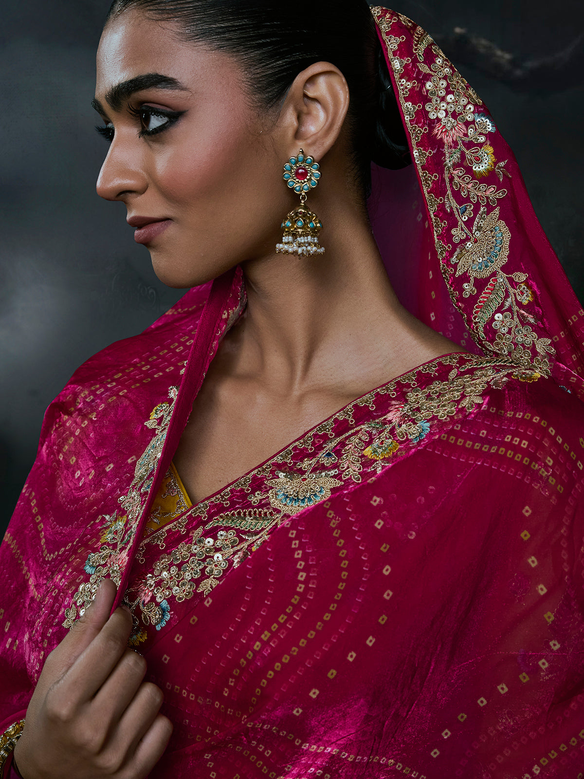 Pink women bandhani tissue organza saree
