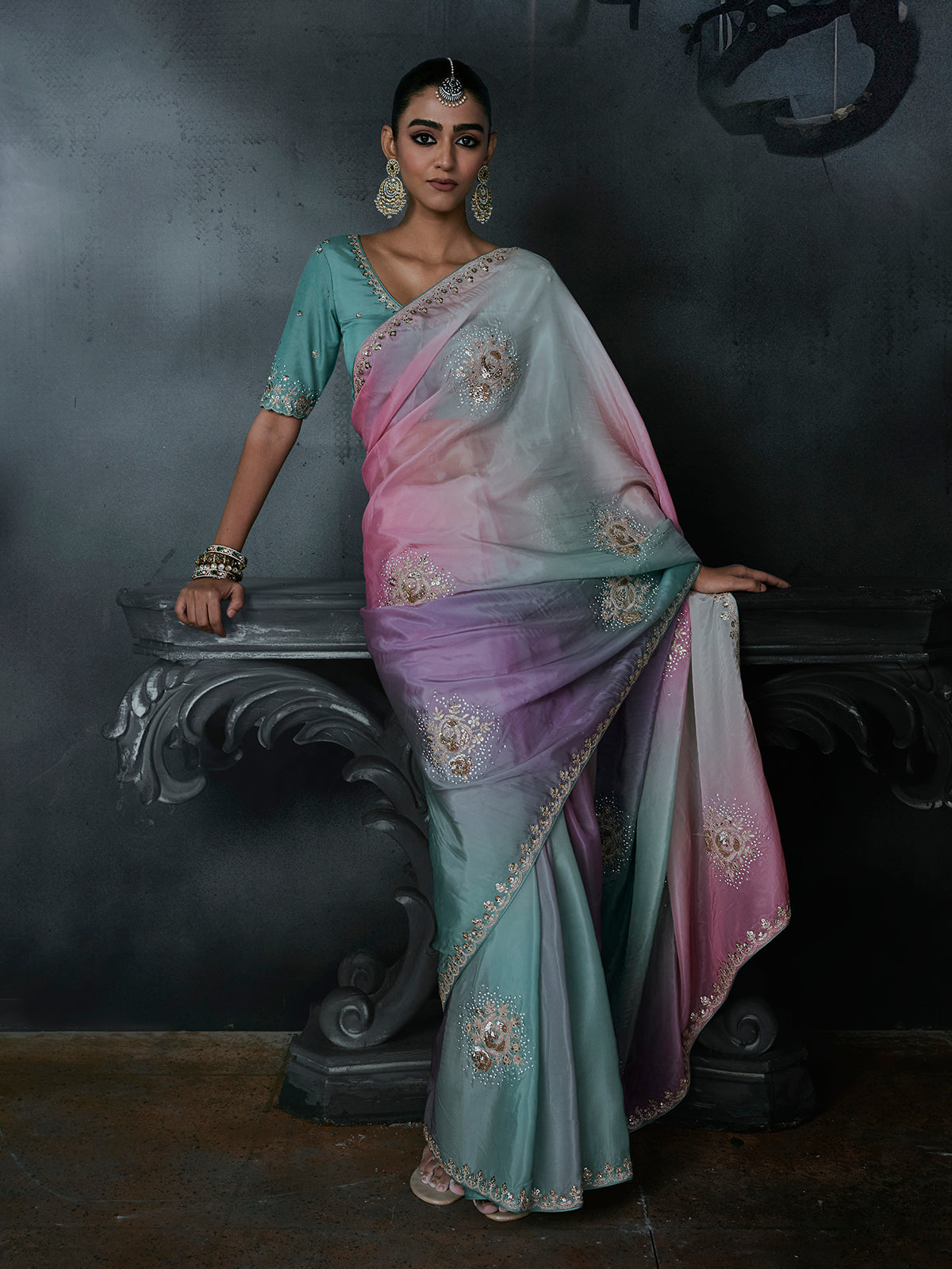 Blue women shaded tissue organza saree