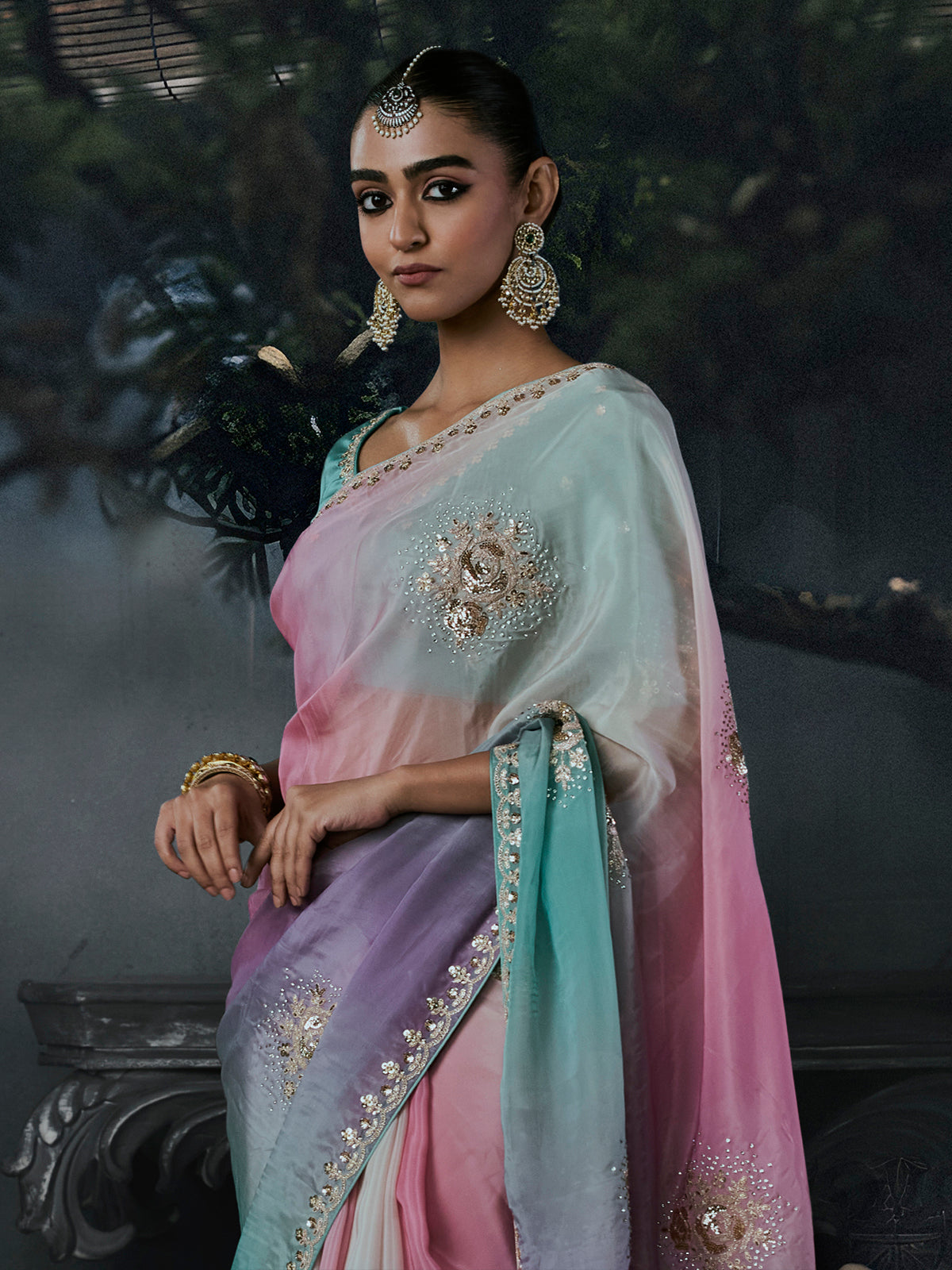 Blue women shaded tissue organza saree