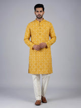 Mustard yellow silk bandhani printed kurta suit for haldi for men