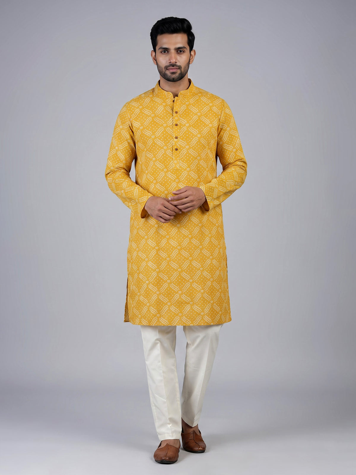 Mustard yellow silk bandhani printed kurta suit for haldi for men