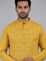 Mustard yellow silk bandhani printed kurta suit for haldi for men
