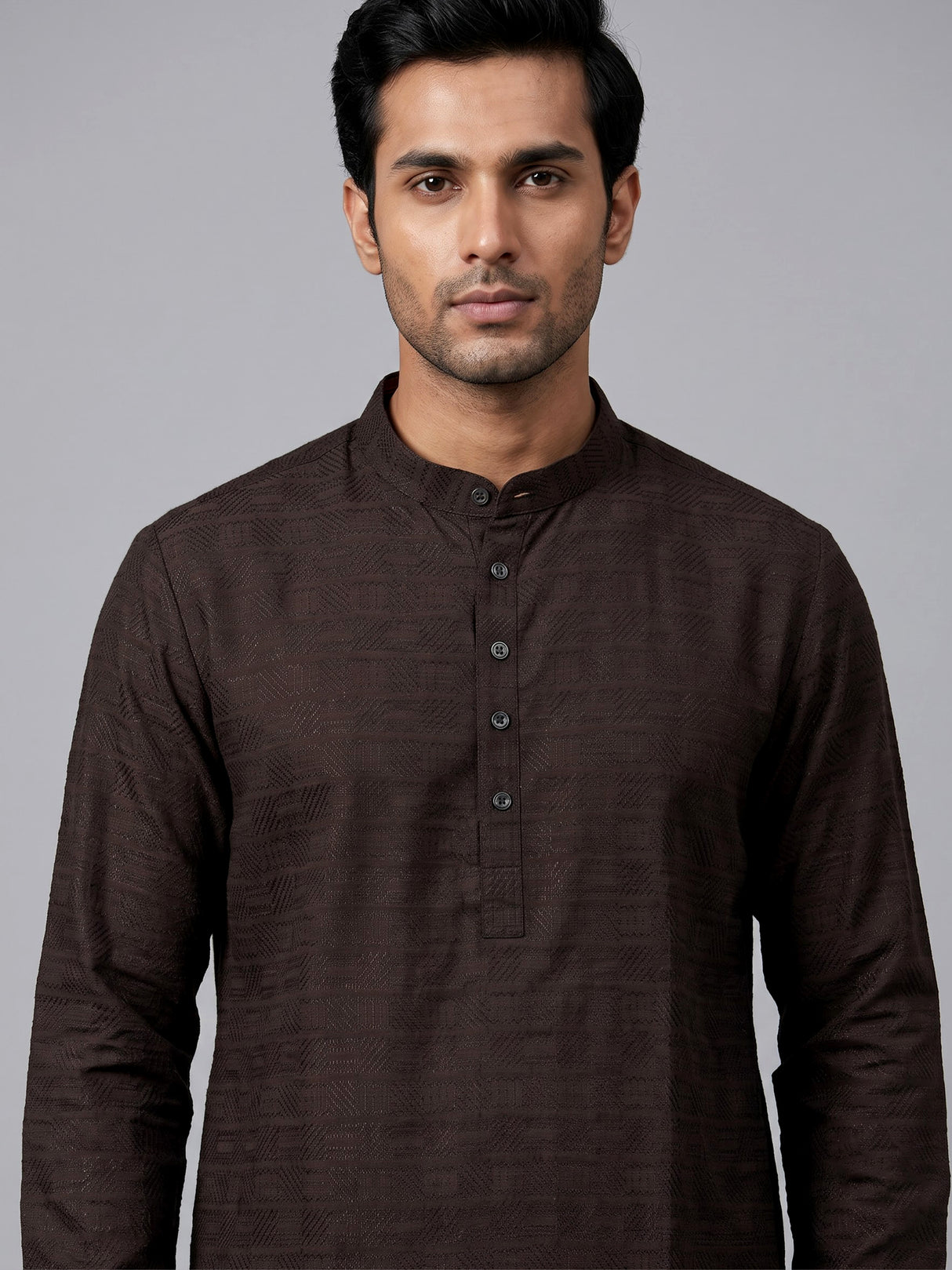 Dark coffee brown cotton kurta suit with thread weaving for men