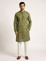 Mehendi green floral cotton silk kurta suit for celebrations for men
