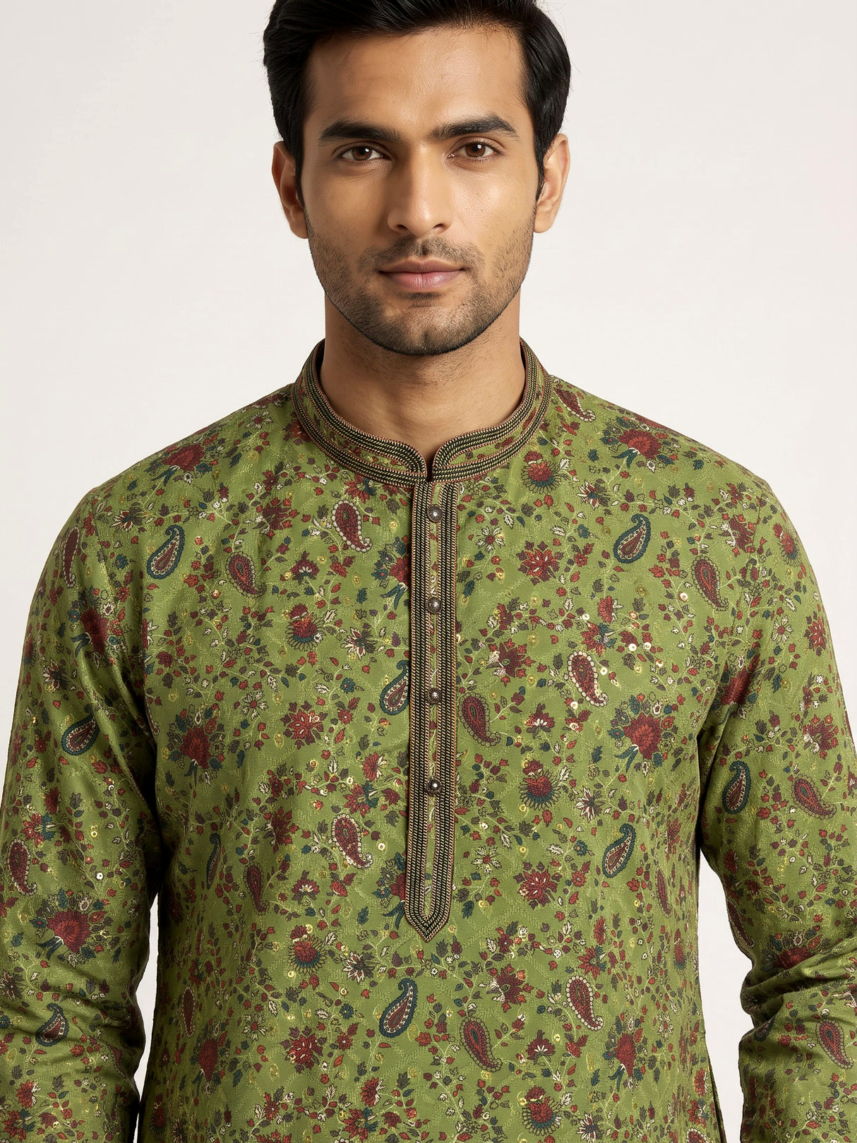 Mehendi green floral cotton silk kurta suit for celebrations for men