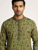 Mehendi green floral cotton silk kurta suit for celebrations for men