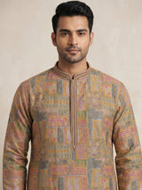 Beige silk printed kurta suit with thread weaving for men