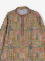 Beige silk printed kurta suit with thread weaving for men