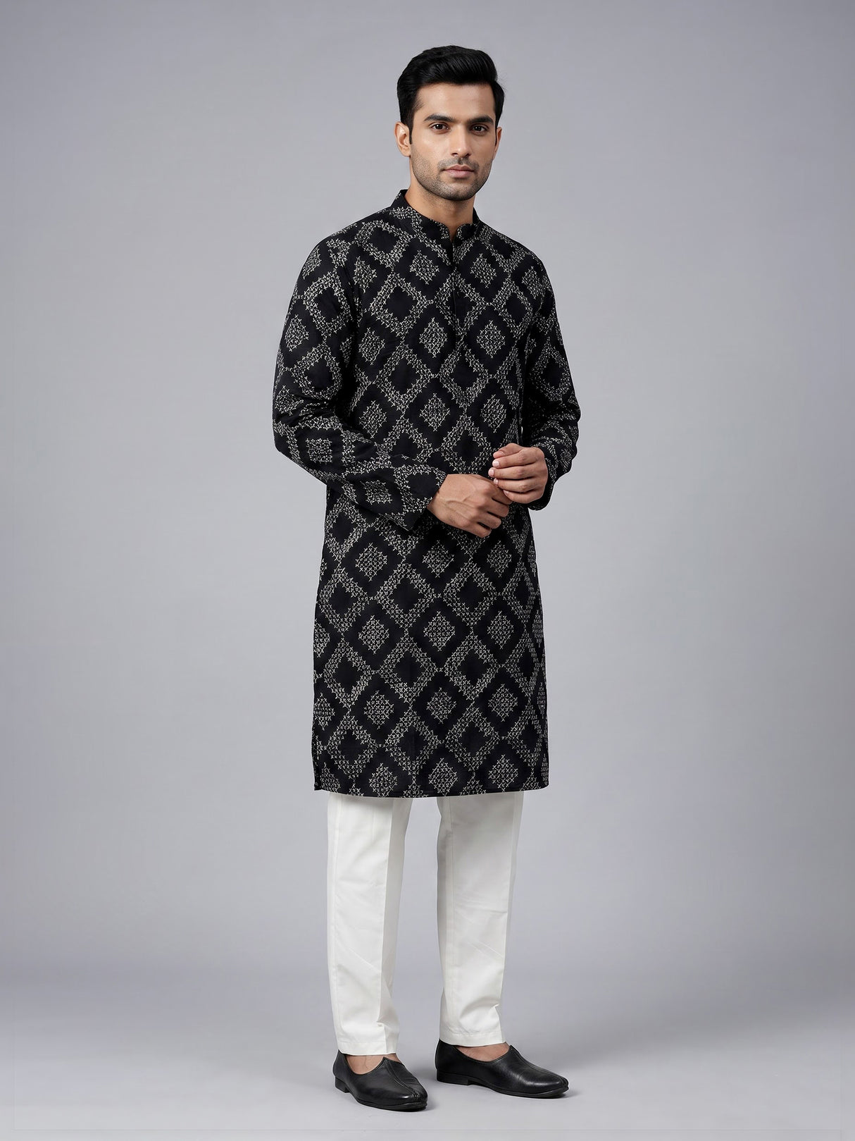 Black silk printed kurta suit for festive occasions for men