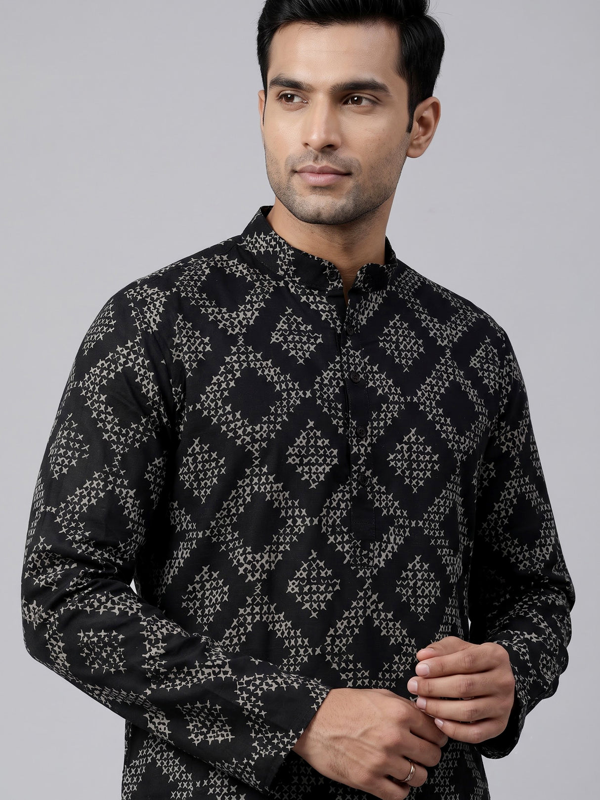Black silk printed kurta suit for festive occasions for men