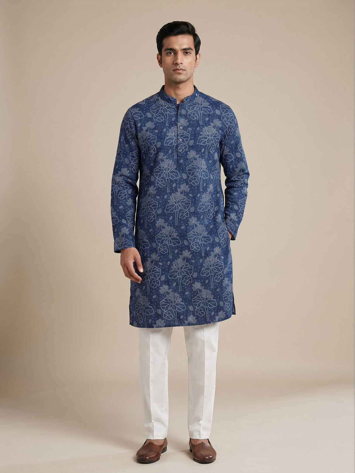 Blue silk printed kurta suit for festive celebrations for men