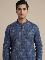 Blue silk printed kurta suit for festive celebrations for men