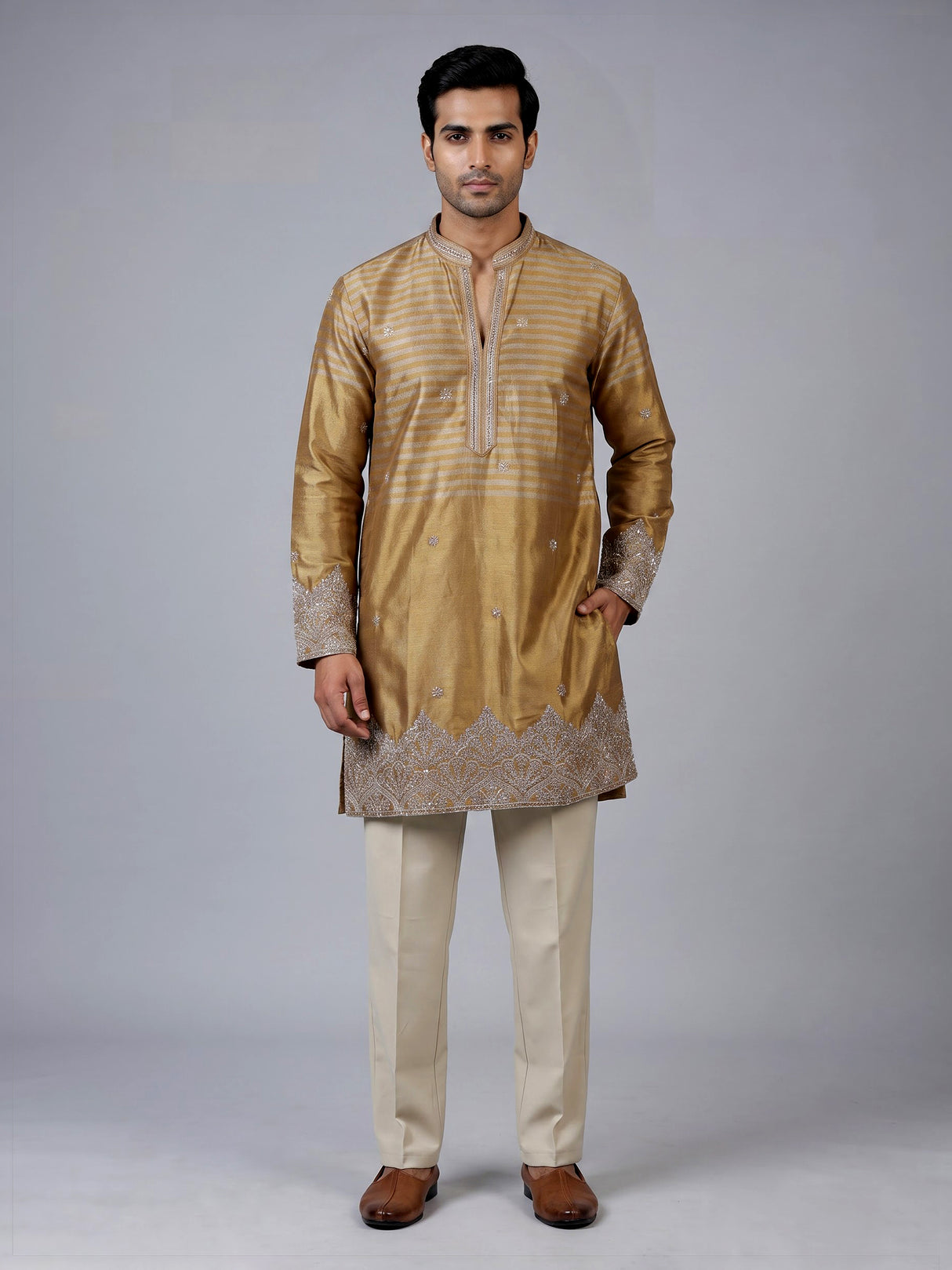 Gold silk blend kurta suit with zardosi cutdana and sequins for men
