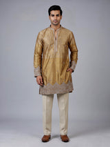 Gold silk blend kurta suit with zardosi cutdana and sequins for men